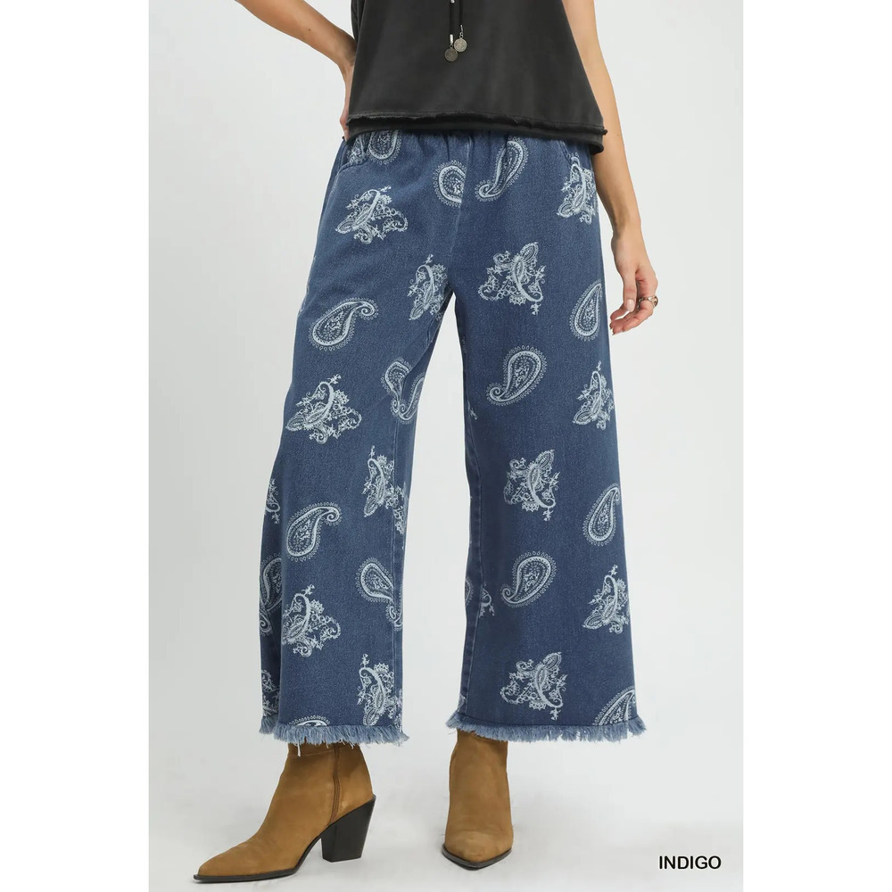 Umgee Denim Paisley Wide-Leg Pants